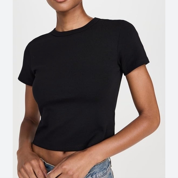 TNA Black Short Sleeve Micro Crop Ribbed T-shirt Fitted Crew Neck - XS - Picture 1 of 7